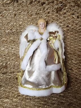 NEW! Porcelain Gold Embellished Angel Christmas Tree Holiday Decor Feathers Fur